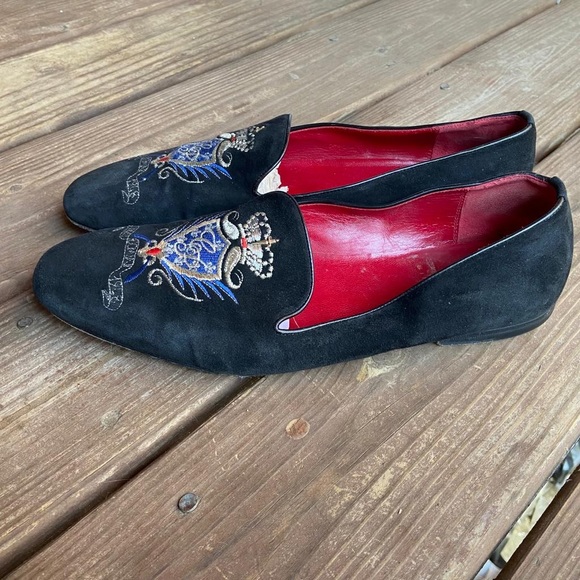 Cesare Paciotti Black Suede Embroidered Crest Smoking Slippers Loafers Men's 8 - Picture 7 of 10